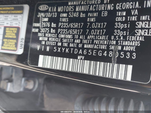 45922781 :رقم المزاد ، 5XYKTDA65EG480533 vin ، 2014 Kia Sorento Lx مزاد بيع
