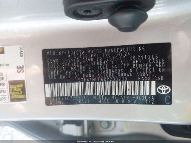 2024 Toyota Corolla Le მანქანა იყიდება აუქციონზე, vin: 5YFB4MDE6RP203200, აუქციონის ნომერი: 45922787