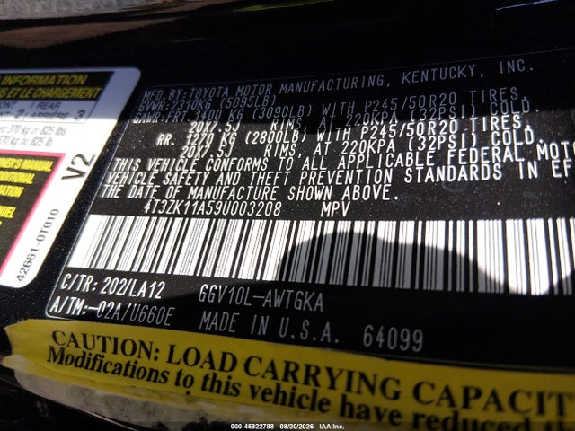 45922788 :رقم المزاد ، 4T3ZK11A59U003208 vin ، 2009 Toyota Venza Base V6 مزاد بيع