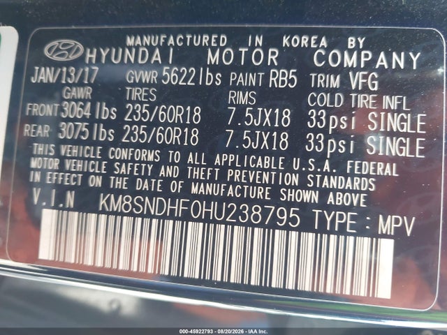 Продаж на аукціоні авто 2017 Hyundai Santa Fe Se, vin: KM8SNDHF0HU238795, номер лоту: 45922793
