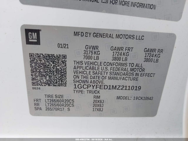 Aukcja sprzedaży 2021 Chevrolet Silverado 1500 4wd  Short Bed Lt Trail Boss, vin: 1GCPYFED1MZ211019, numer aukcji: 45922796