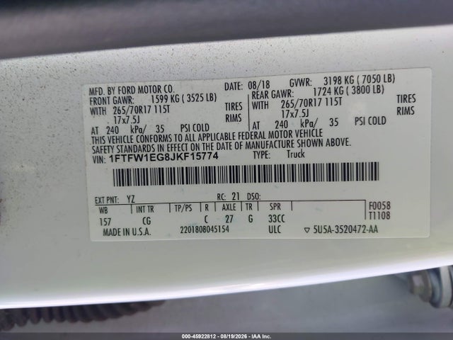 Ford F-150 Xl 2018 1FTFW1EG8JKF15774 Image 9