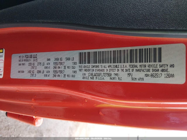 45922828 :رقم المزاد ، 1C4BJWDG6FL727960 vin ، 2015 Jeep Wrangler Unlimited Sport مزاد بيع