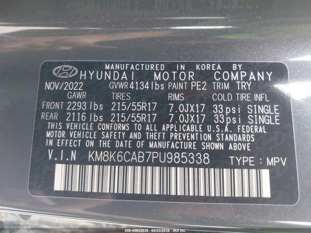 45922839 :رقم المزاد ، KM8K6CAB7PU985338 vin ، 2023 Hyundai Kona Sel مزاد بيع