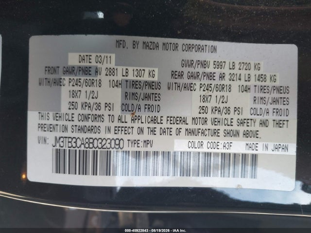 45922843 :رقم المزاد ، JM3TB3CA8B0323090 vin ، 2011 Mazda Cx-9 Touring مزاد بيع