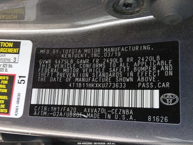 Toyota CAMRY LE 2019 4T1B11HKXKU773633 Image 9