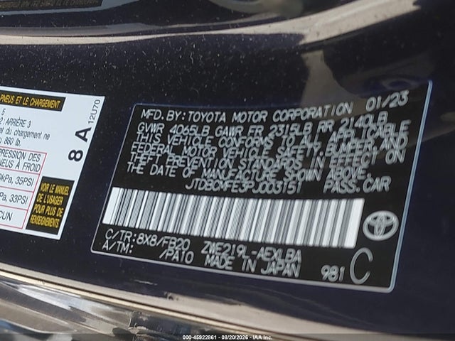 Продажа на аукционе авто 2023 Toyota Corolla Hybrid Le, vin: JTDBCMFE3PJ003151, номер лота: 45922861