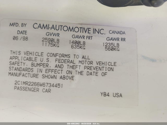 Продаж на аукціоні авто 1998 Chevrolet Metro, vin: 2C1MR2266W6734451, номер лоту: 45922862