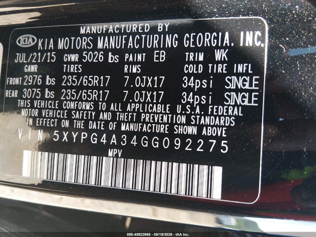 Aukcja sprzedaży 2016 Kia Sorento 2.4l Lx, vin: 5XYPG4A34GG092275, numer aukcji: 45922868