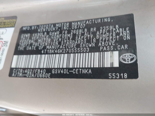 Продаж на аукціоні авто 2007 Toyota Camry Le V6, vin: 4T1BK46K27U555503, номер лоту: 45922872