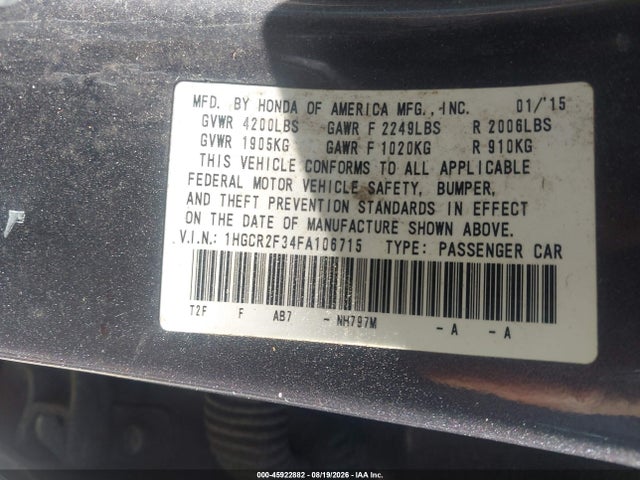 Продажа на аукционе авто 2015 Honda Accord Lx, vin: 1HGCR2F34FA106715, номер лота: 45922882