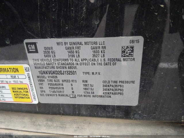 Продаж на аукціоні авто 2016 Chevrolet Traverse Lt, vin: 1GNKVGKD2GJ132501, номер лоту: 45922888