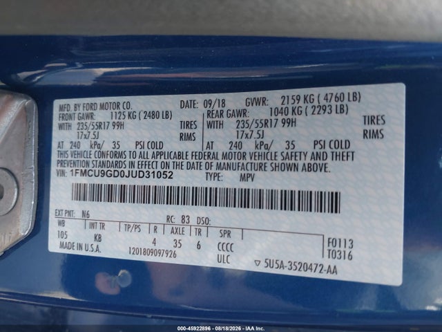 45922896 :رقم المزاد ، 1FMCU9GD0JUD31052 vin ، 2018 Ford Escape Se مزاد بيع