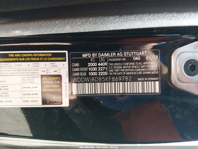 Aukcja sprzedaży 2019 Mercedes-benz C 300, vin: WDDWJ8DB5KF869782, numer aukcji: 45922905