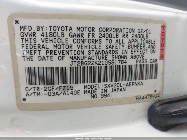 Aukcja sprzedaży 2001 Toyota Camry Le, vin: JT2BG22K210581784, numer aukcji: 45922909