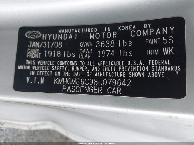 Продаж на аукціоні авто 2008 Hyundai Accent Gs, vin: KMHCM36C98U079642, номер лоту: 45922910