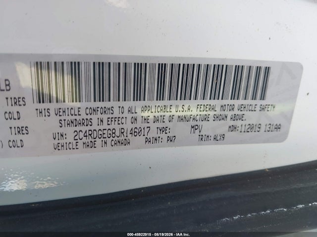Aukcja sprzedaży 2018 Dodge Grand Caravan Gt, vin: 2C4RDGEG8JR146017, numer aukcji: 45922915