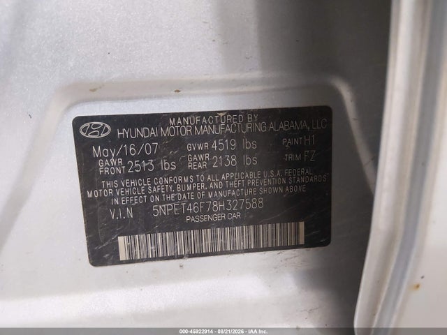 Продажа на аукционе авто 2008 Hyundai Sonata Gls V6, vin: 5NPET46F78H327588, номер лота: 45922914