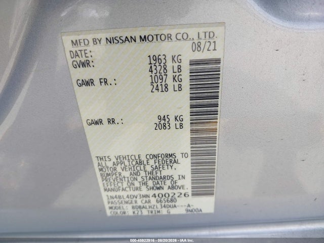1N4BL4DV3MN400226 Nissan Altima Sv Fwd