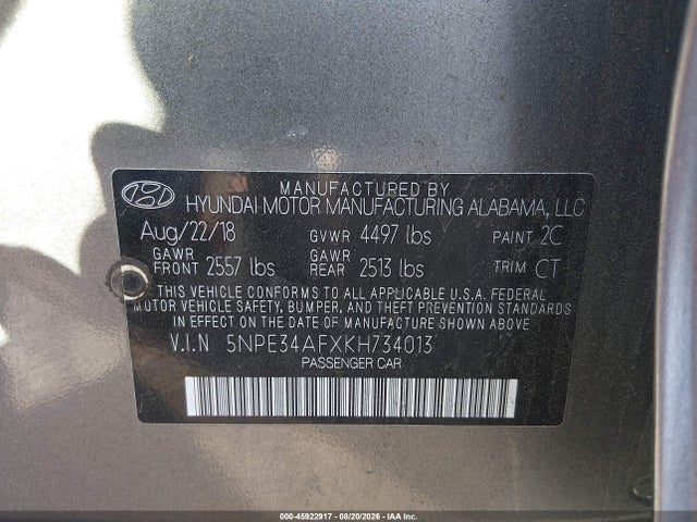 Aukcja sprzedaży 2019 Hyundai Sonata Sport, vin: 5NPE34AFXKH734013, numer aukcji: 45922917