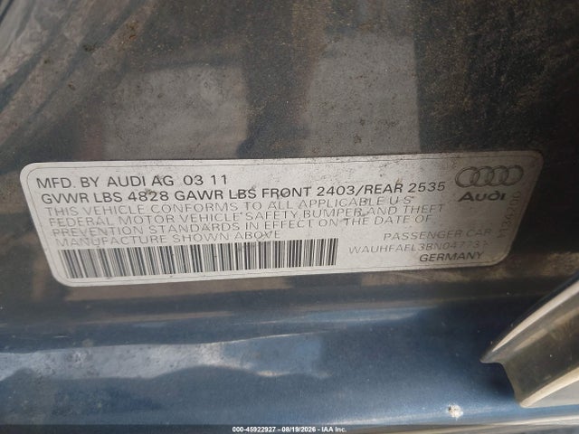 Aukcja sprzedaży 2011 Audi A4 Premium Plus, vin: WAUHFAFL3BN047731, numer aukcji: 45922927