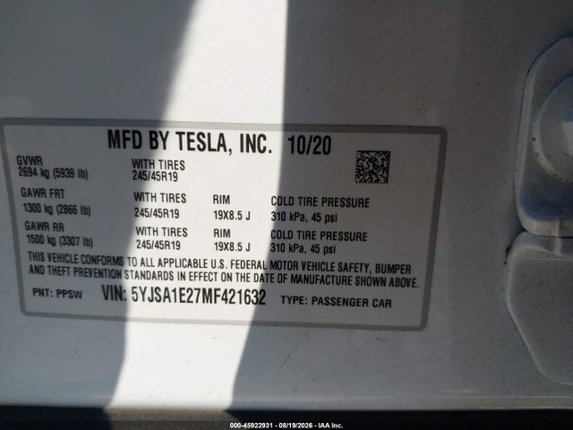 45922931 :رقم المزاد ، 5YJSA1E27MF421632 vin ، 2021 Tesla Model S Long Range Dual Motor All-wheel Drive/long Range Plus Dual Motor All-wheel Drive مزاد بيع