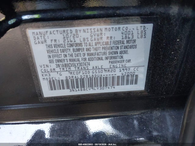2020 Nissan Sentra Sv Xtronic Cvt მანქანა იყიდება აუქციონზე, vin: 3N1AB8CV9LY307474, აუქციონის ნომერი: 45922953