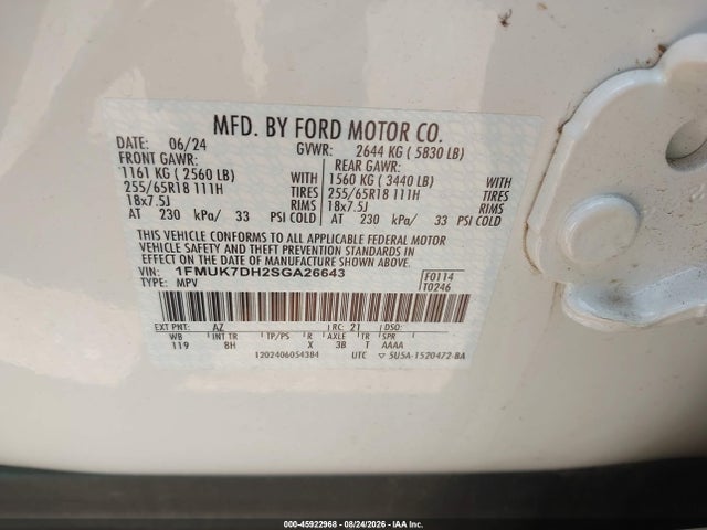 Продаж на аукціоні авто 2025 Ford Explorer Active, vin: 1FMUK7DH2SGA26643, номер лоту: 45922968
