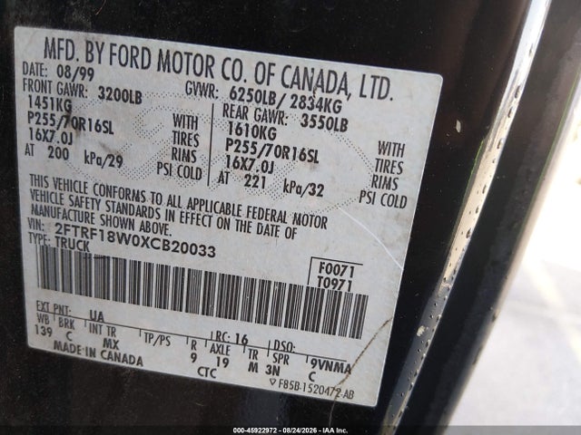45922972 :رقم المزاد ، 2FTRF18W0XCB20033 vin ، 1999 Ford F-150 Lariat/work Series/xl/xlt مزاد بيع