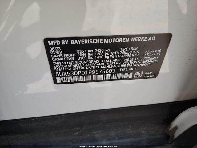 Aukcja sprzedaży 2023 Bmw X3 Xdrive30i, vin: 5UX53DP01P9S75603, numer aukcji: 45922994