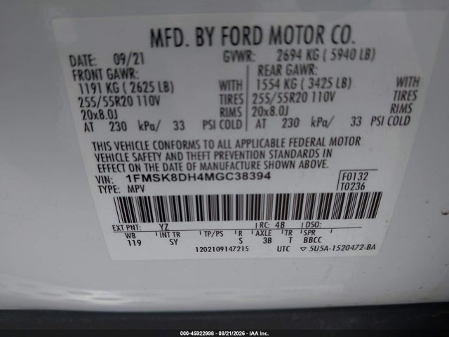 Aukcja sprzedaży 2021 Ford Explorer Xlt, vin: 1FMSK8DH4MGC38394, numer aukcji: 45922998