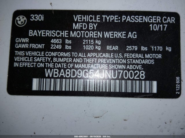 Aukcja sprzedaży 2018 Bmw 330i Xdrive, vin: WBA8D9G54JNU70028, numer aukcji: 45923001