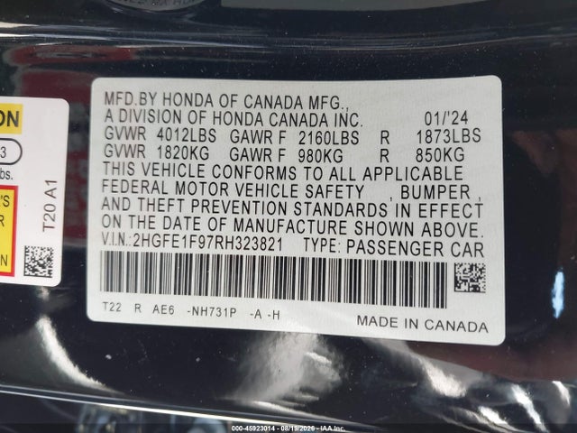 Honda Civic Touring 2024 2HGFE1F97RH323821 Image 9
