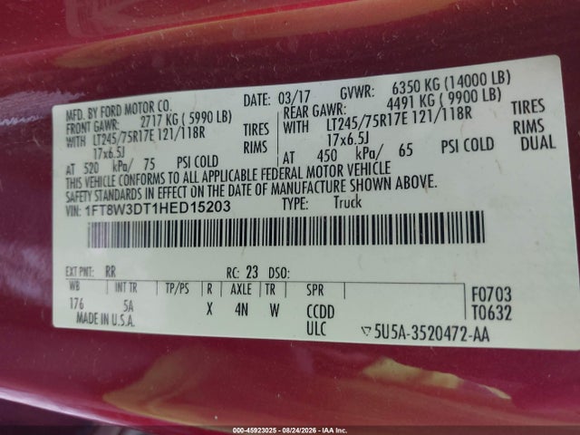 2017 Ford F-350 Lariat მანქანა იყიდება აუქციონზე, vin: 1FT8W3DT1HED15203, აუქციონის ნომერი: 45923025
