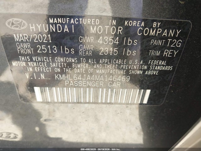 45923029 :رقم المزاد ، KMHL64JA4MA146469 vin ، 2021 Hyundai Sonata Sel مزاد بيع