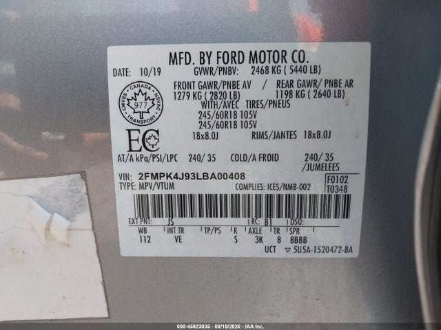 45923035 :رقم المزاد ، 2FMPK4J93LBA00408 vin ، 2020 Ford Edge Sel مزاد بيع