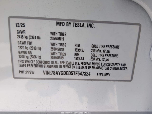 45923046 :رقم المزاد ، 7SAYGDED5TF547324 vin ، 2026 Tesla Model Y مزاد بيع