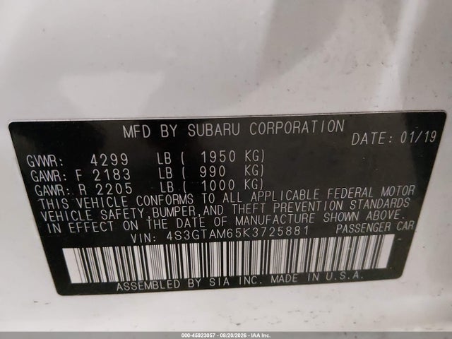 2019 Subaru Impreza 2.0i Sport მანქანა იყიდება აუქციონზე, vin: 4S3GTAM65K3725881, აუქციონის ნომერი: 45923057
