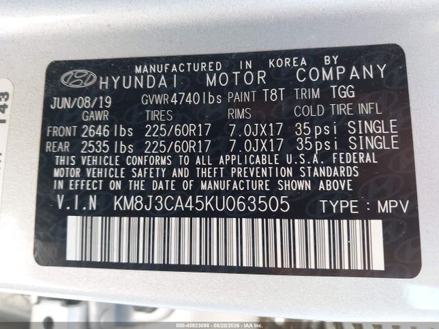 Продаж на аукціоні авто 2019 Hyundai Tucson Value, vin: KM8J3CA45KU063505, номер лоту: 45923098
