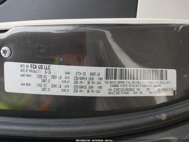 Aukcja sprzedaży 2017 Chrysler Pacifica Limited, vin: 2C4RC1GG1HR528543, numer aukcji: 45923108