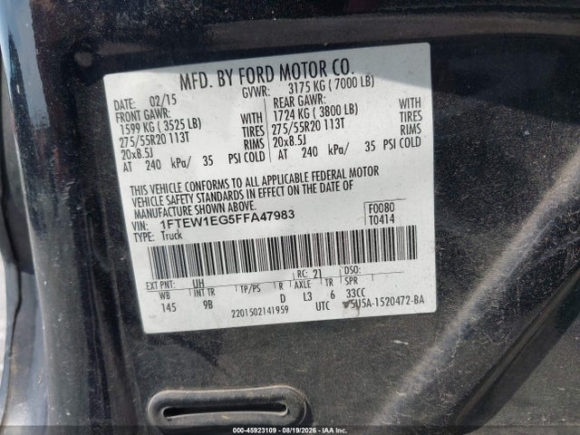 45923109 :رقم المزاد ، 1FTEW1EG5FFA47983 vin ، 2015 Ford F-150 Platinum مزاد بيع