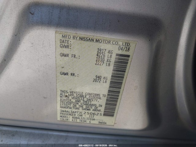 2018 Nissan Altima 2.5 Sv მანქანა იყიდება აუქციონზე, vin: 1N4AL3AP7JC250625, აუქციონის ნომერი: 45923112