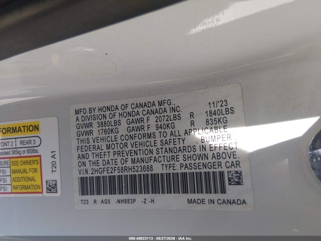 2HGFE2F58RH523688 Honda Civic Sport