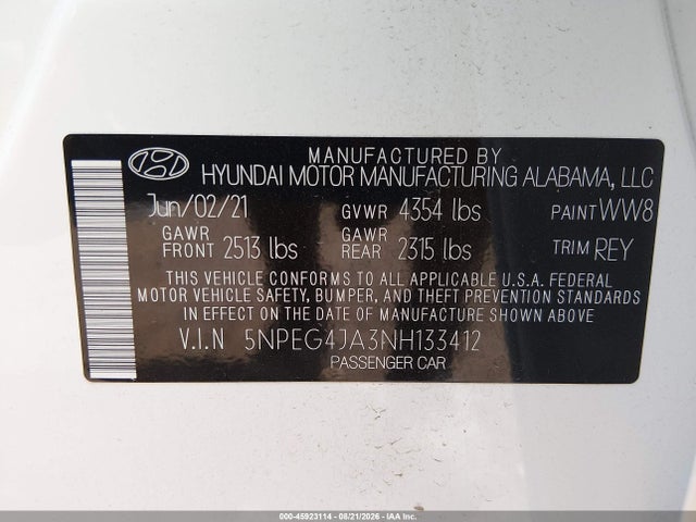 Aukcja sprzedaży 2022 Hyundai Sonata Se, vin: 5NPEG4JA3NH133412, numer aukcji: 45923114