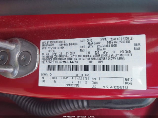 Aukcja sprzedaży 2021 Ford Escape Sel, vin: 1FMCU9H67MUB14750, numer aukcji: 45923116