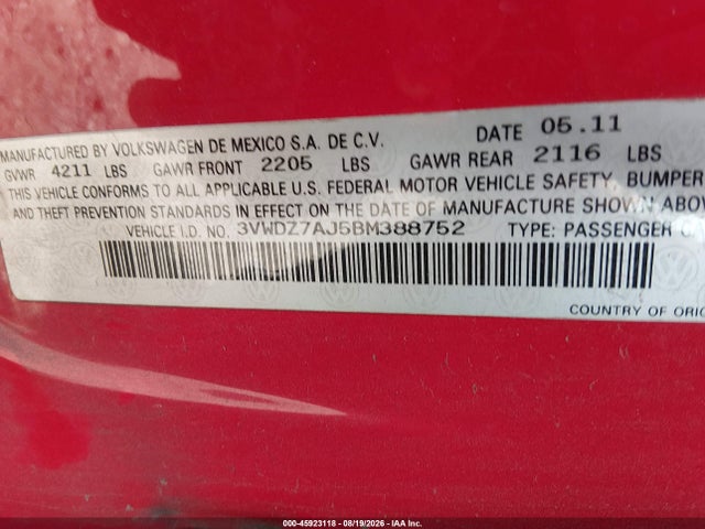 Aukcja sprzedaży 2011 Volkswagen Jetta 2.5l Se, vin: 3VWDZ7AJ5BM388752, numer aukcji: 45923118