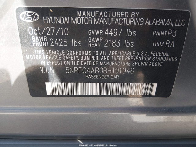 Продажа на аукционе авто 2011 Hyundai Sonata Se 2.0t, vin: 5NPEC4AB0BH191946, номер лота: 45923122