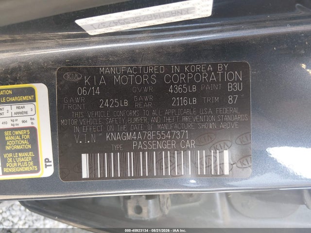 45923134 :رقم المزاد ، KNAGM4A78F5547371 vin ، 2015 Kia Optima Lx مزاد بيع