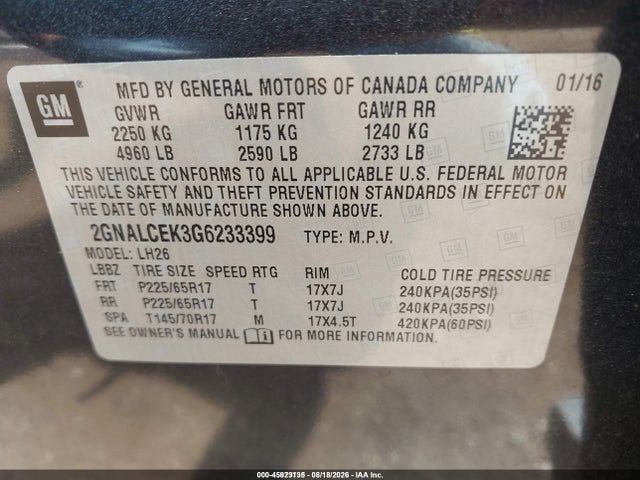 Chevrolet EQUINOX LT 2016 2GNALCEK3G6233399 Image 9