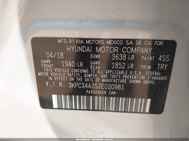 Продаж на аукціоні авто 2018 Hyundai Accent Limited, vin: 3KPC34A35JE030981, номер лоту: 45923157